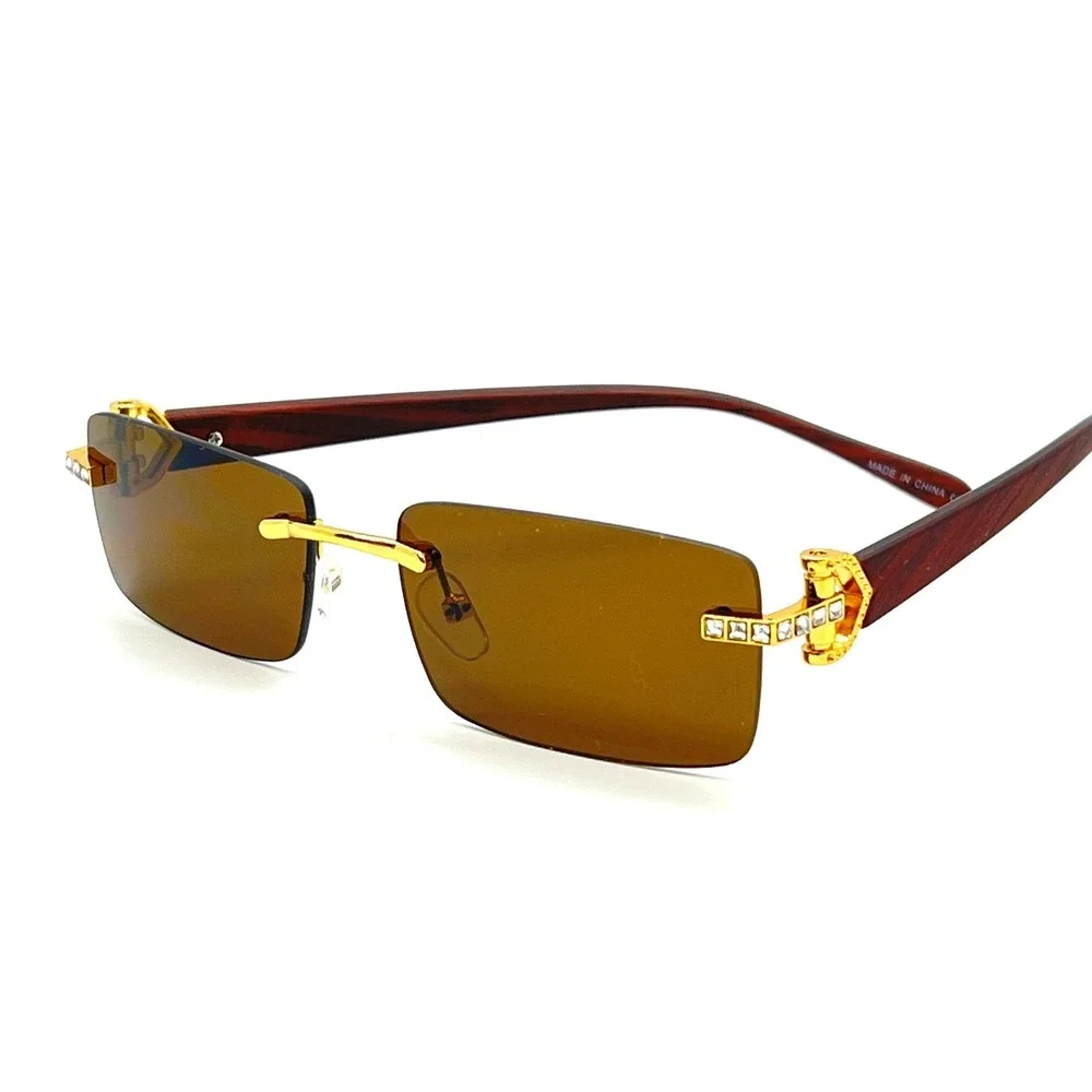 Rimless Sunglasses Gold Accents Rhinestones Wood Grain Arms Men Small Brown Lens